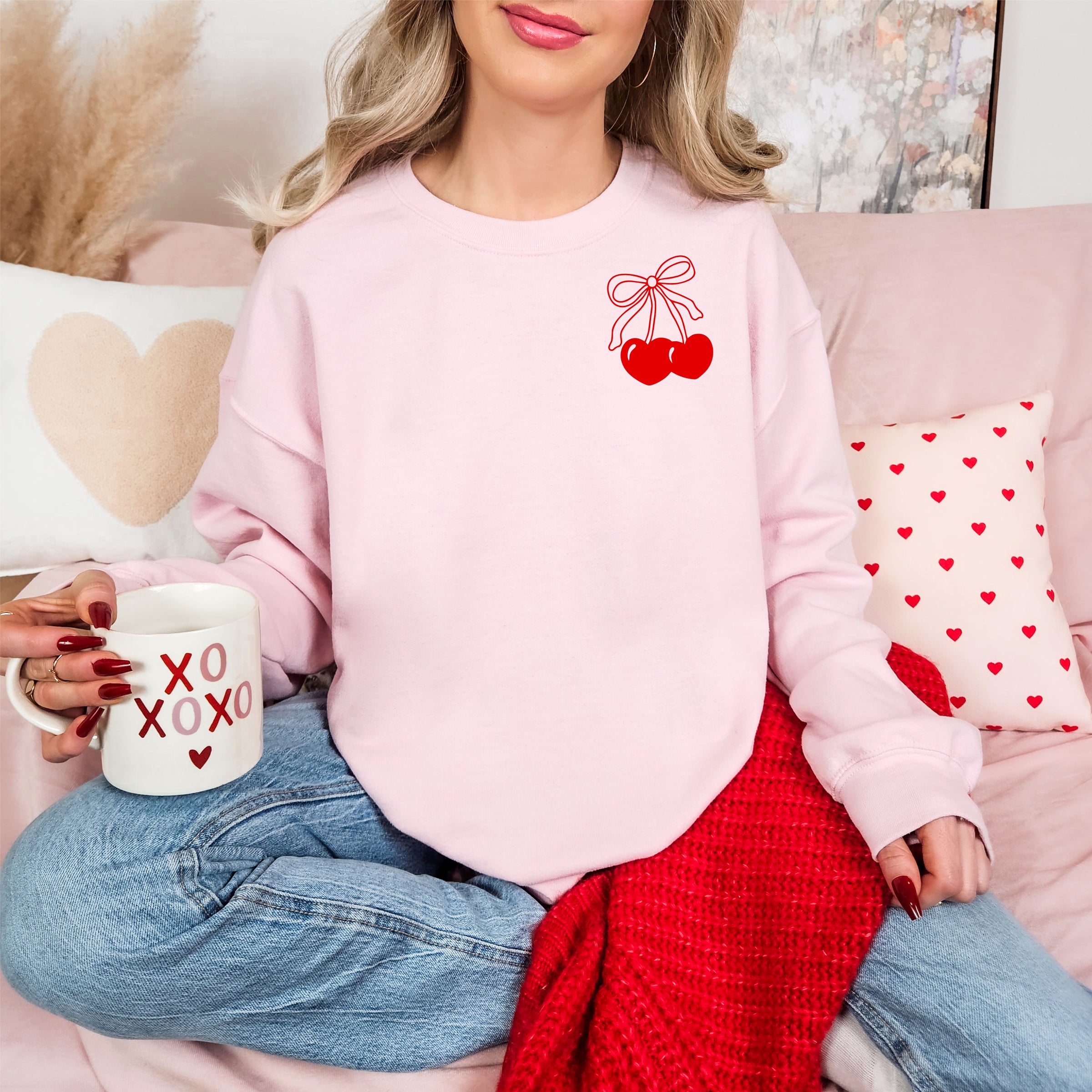Valentines Coquette Pink Bow Sweatshirt Galentines Day Shirt - EverlyGrayce