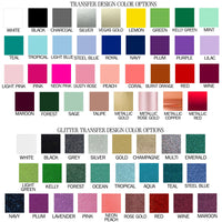 a collection of transfer design color options, including various shades of white, black, silver, gold, champagne, multi-colored, and glitter colors. The options are presented in a grid format, allowing for easy comparison and selection of the desired colors for a design project.