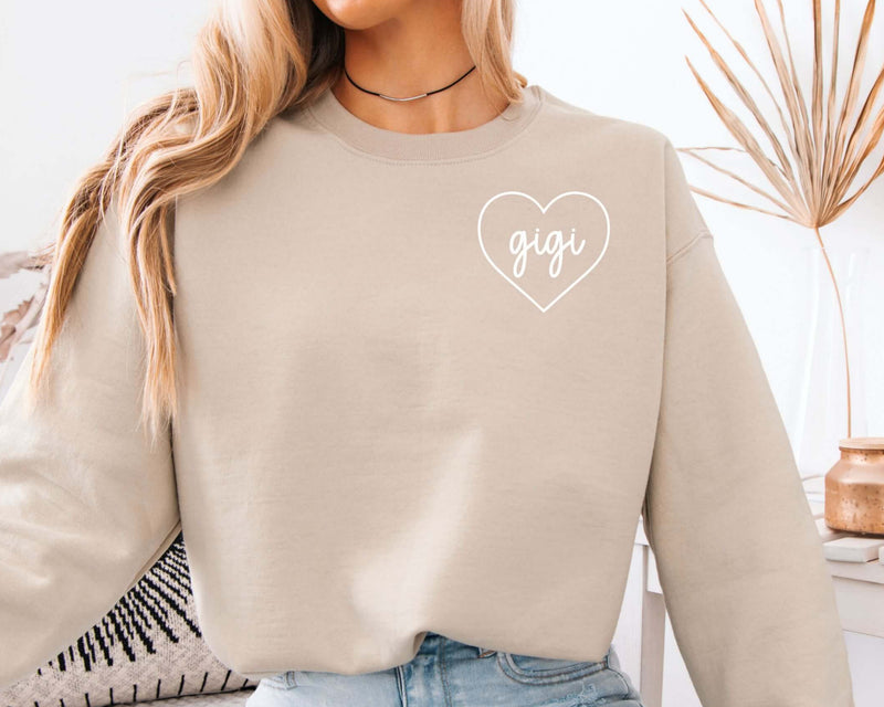 sand color gigi sweatshirt with name and heart