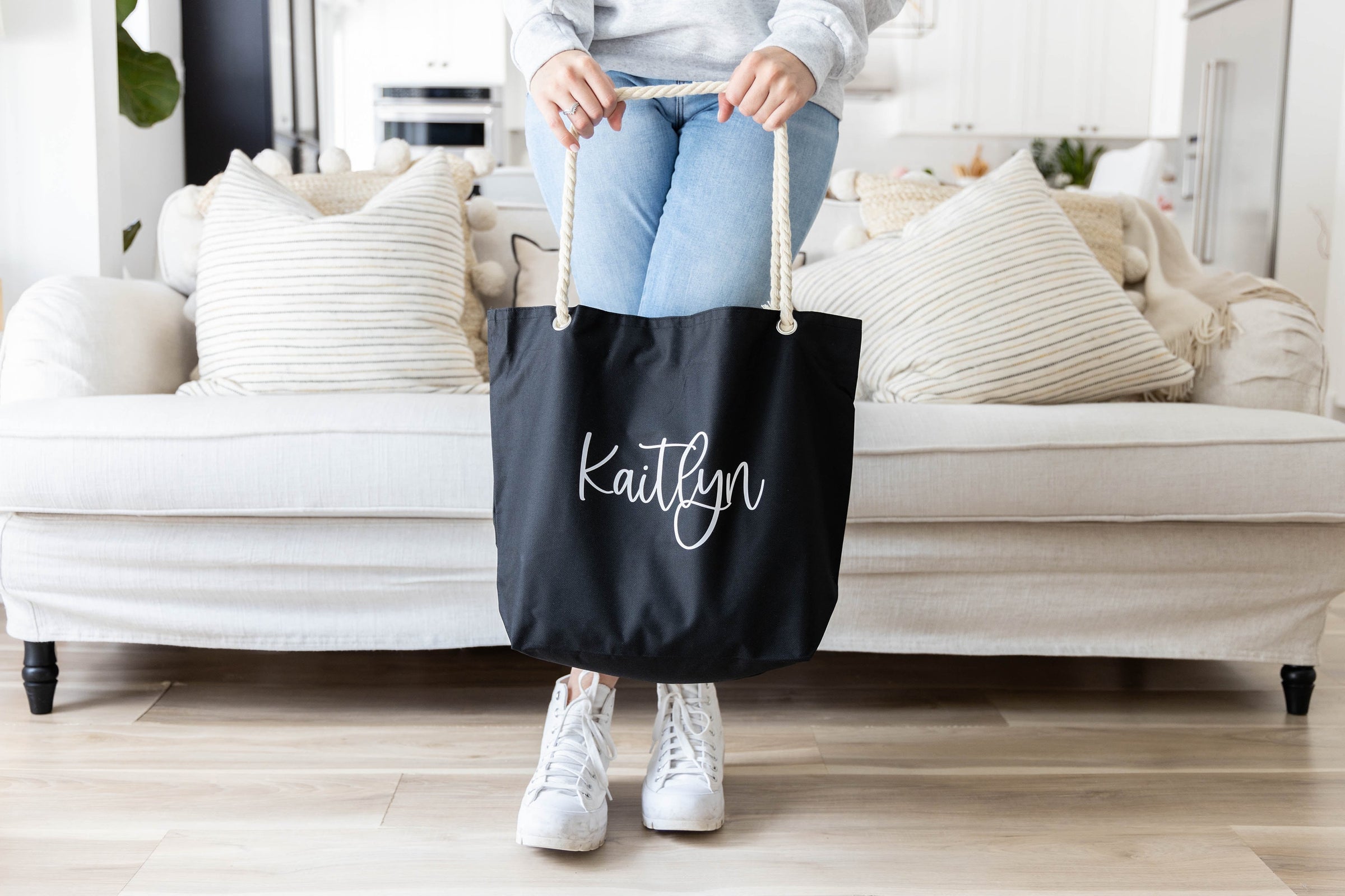 Bridesmaid Beach Bag - Personalized Rope Handle Tote Bag - EverlyGrayce