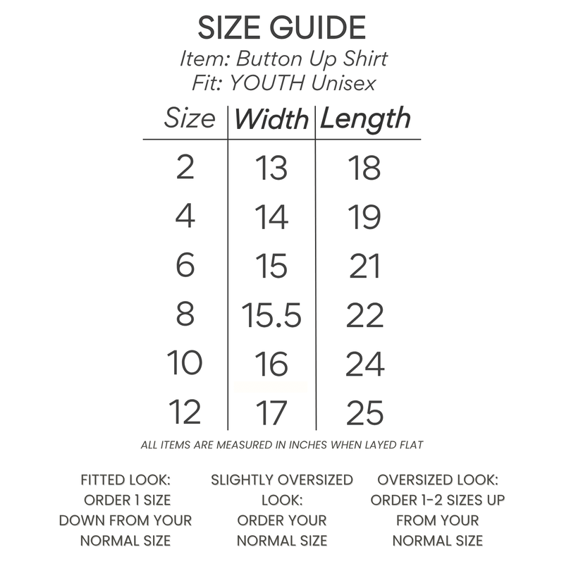youth button up shirt size chart