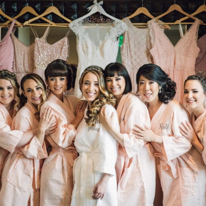 bridesmaids in personalized waffle robes