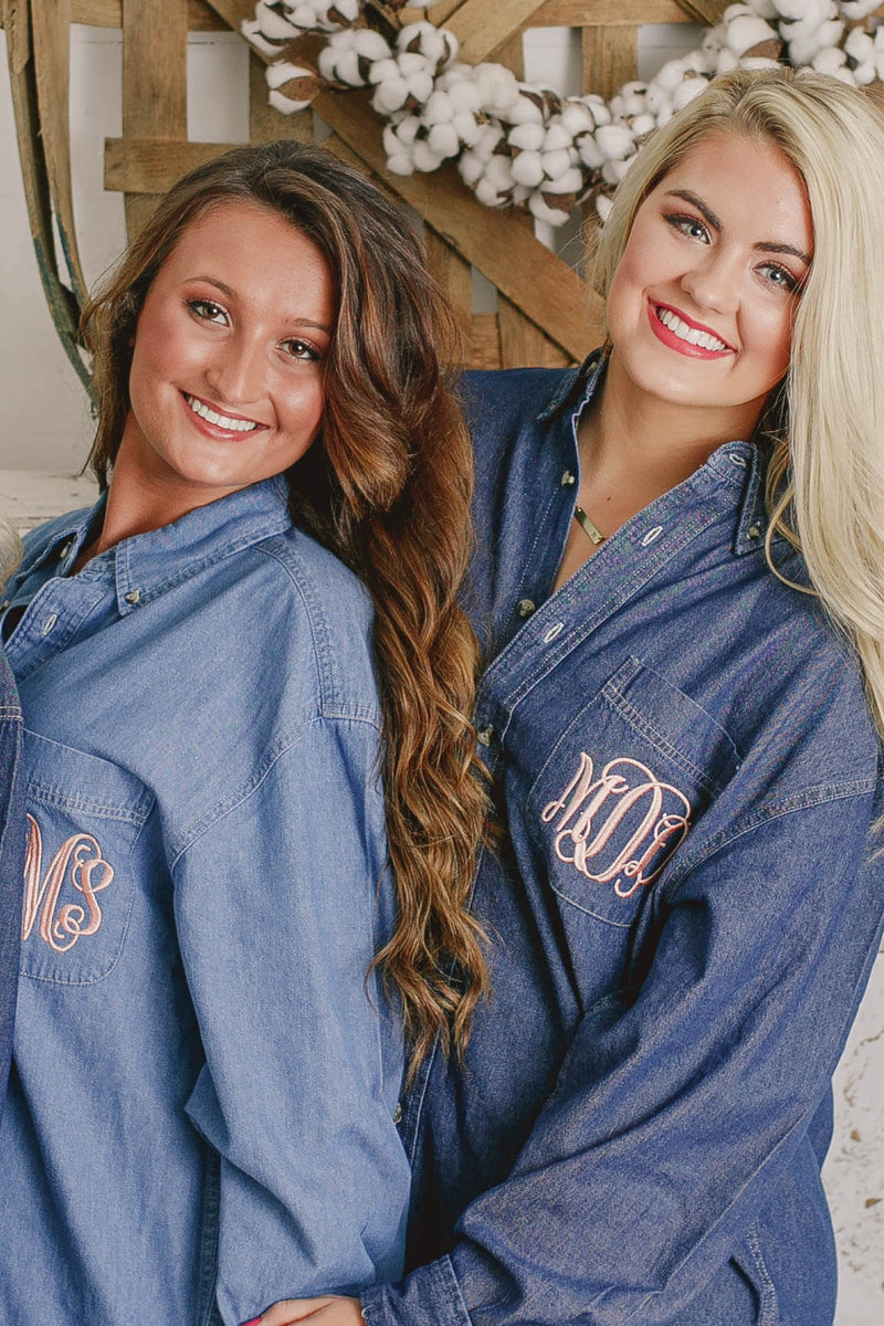 bridesmaid button down denim shirt