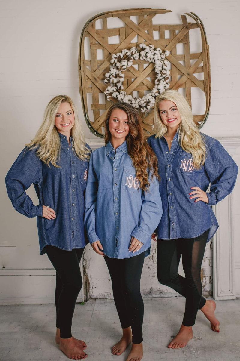 bridesmaid button down denim shirt