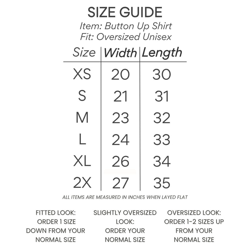 button up shirt size chart