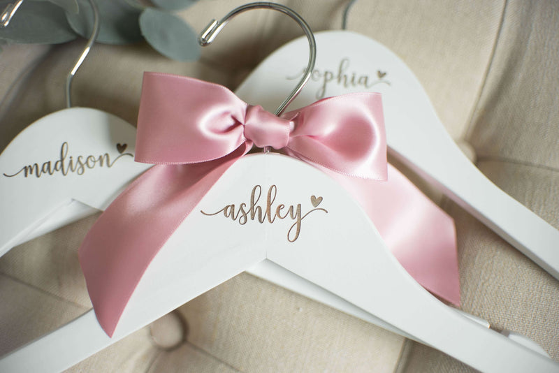 custom bridesmaid hangers with name and heart icon