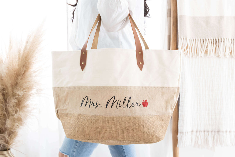 Custom Teacher Bags with Name and Apple - EverlyGrayce 