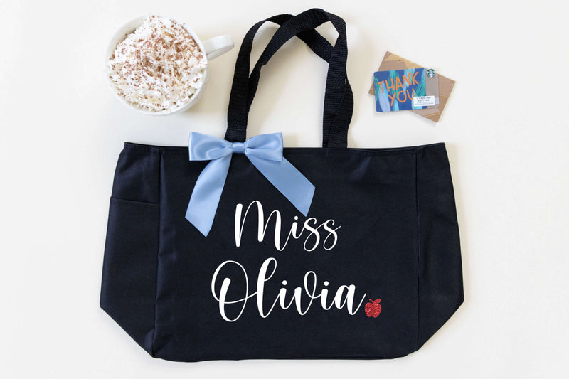 custom teacher tote bags with name and glitter apple