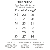 denim button up shirt size chart