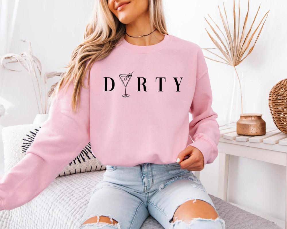 model wearing a pink dirty martini sweatshirt