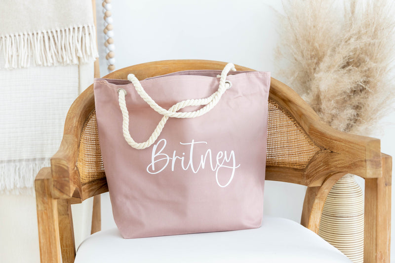 Bridesmaid Beach Bag - Personalized Rope Handle Tote Bag - EverlyGrayce 