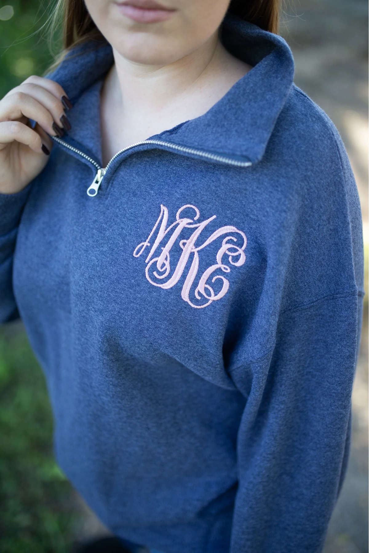 quarter-zip monogrammed blue sweatshirt