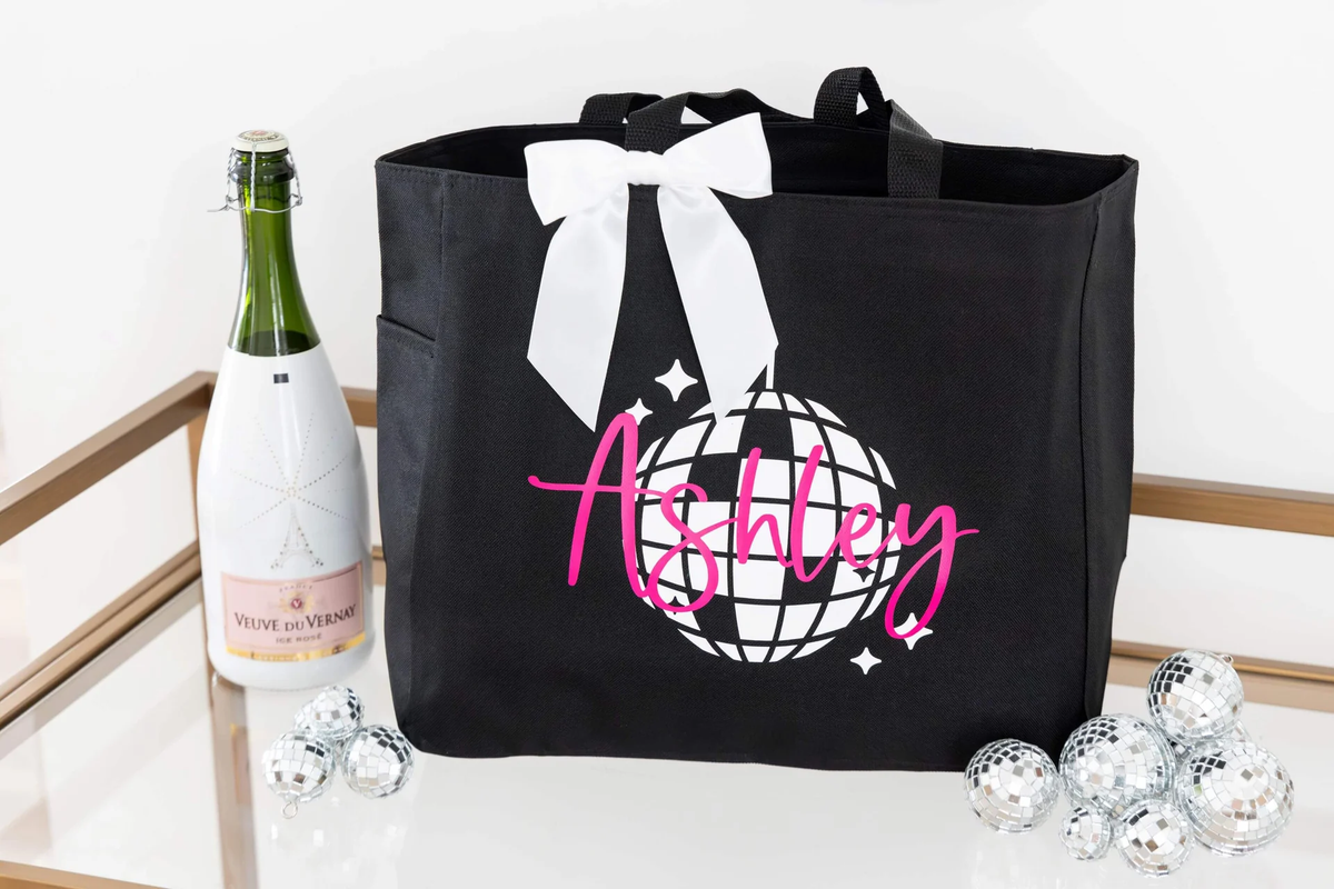 personalized black tote with a disco ball