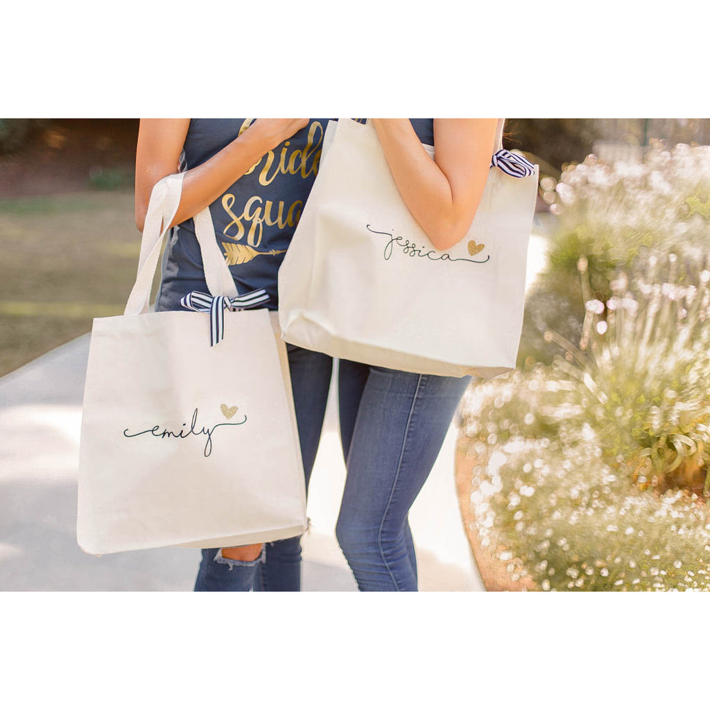 Personalized Name with Mini Heart Cotton Canvas Tote Bag
